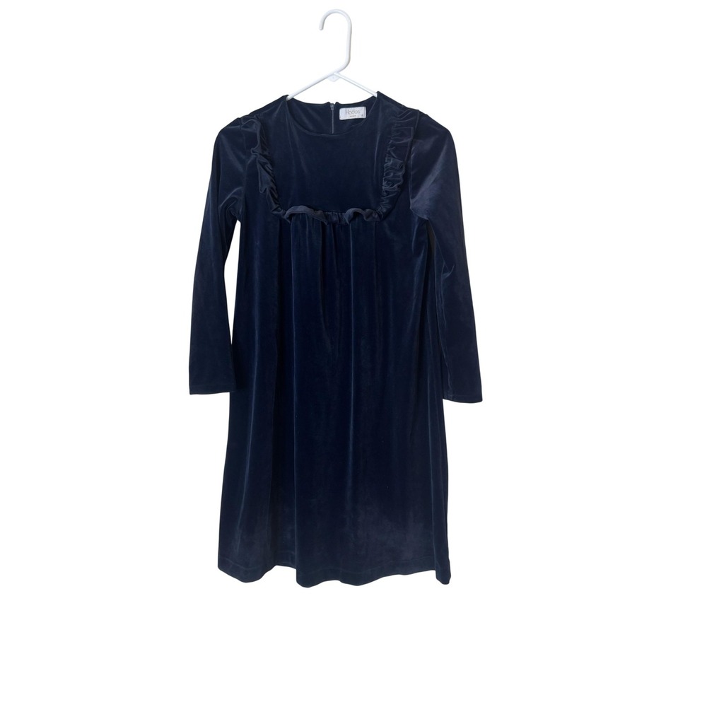 Hadas Dress Girls 14 Navy‎ Blue Velvet Long Sleeve Ruffle Trim Back Zip Party